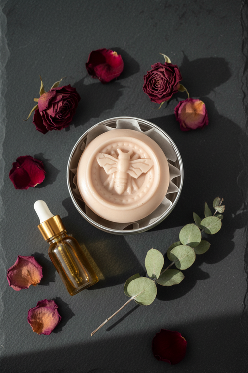 pink solid lotion bar in a reusable tin